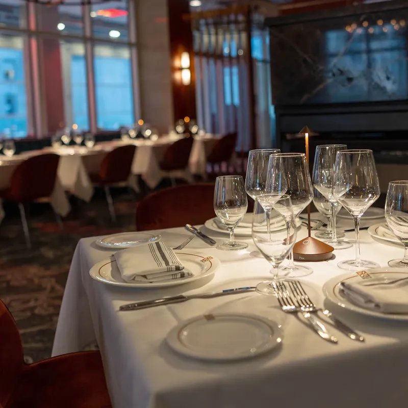 The dining room under the chandelier